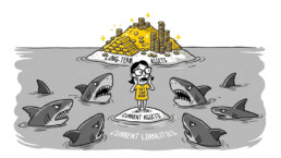 A founder on an island of long-term assets, surrounded by sharks labelled current liabilities